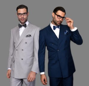 light gray double breasted suit and blue double breasted suit