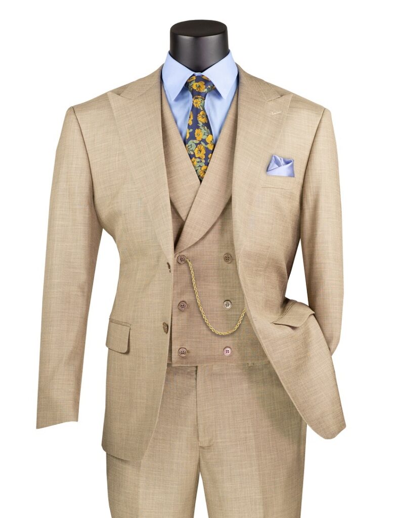 mens fashion suit in beige with peak lapels