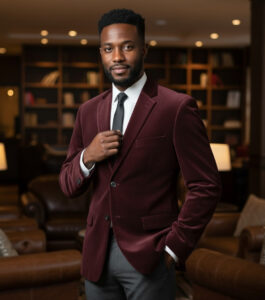 man wearing burgundy velvet blazer