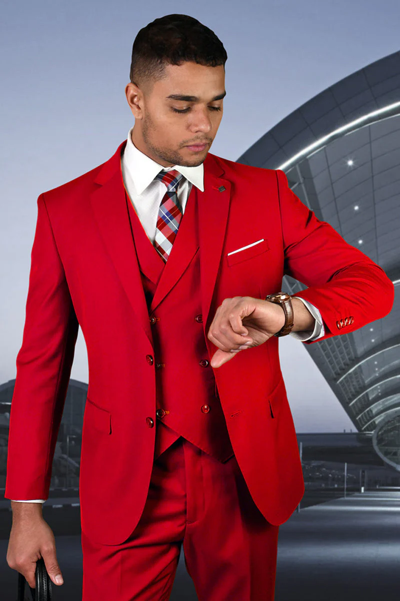 red color 3 piece suit by Statement