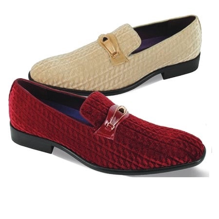 mens velvet shoes in burgundy and tan at ContempoSuits.com.
