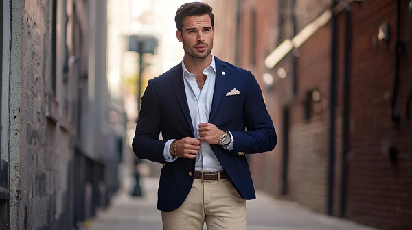 Man wearing classic navy blazer with khakis